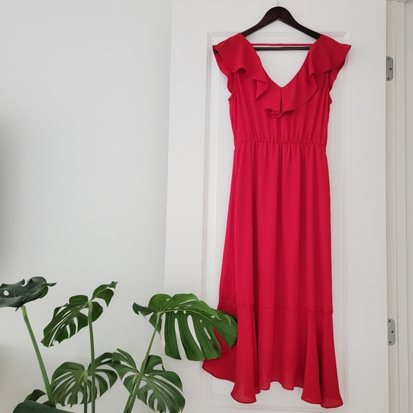 NWT Socialite Ruffle High-Low Wrap-Style Midi Dress | Red | Size Small - Picture 2 of 7